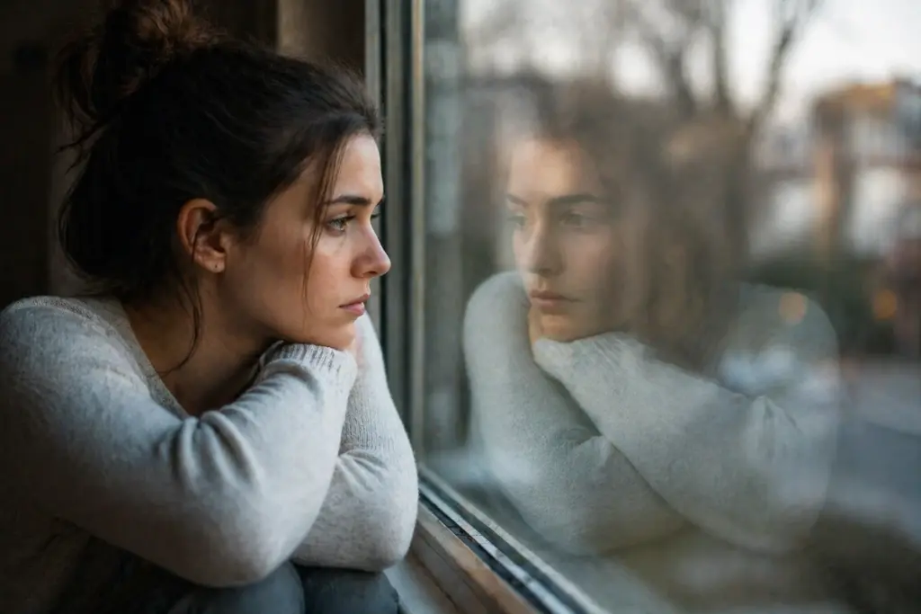 Frau schaut nachdenklich aus dem fenster